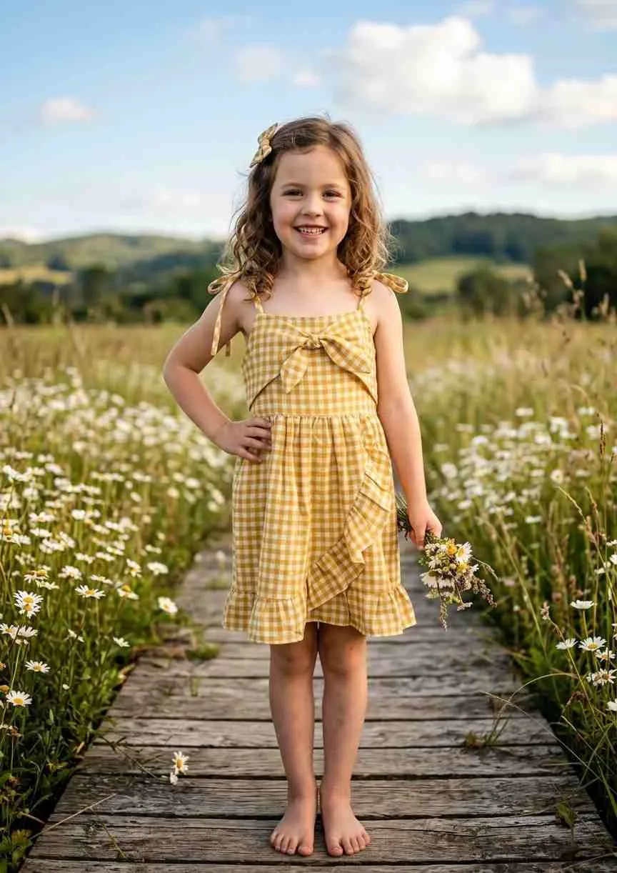 Girls Overlapped Dress With Front Bow And Straps