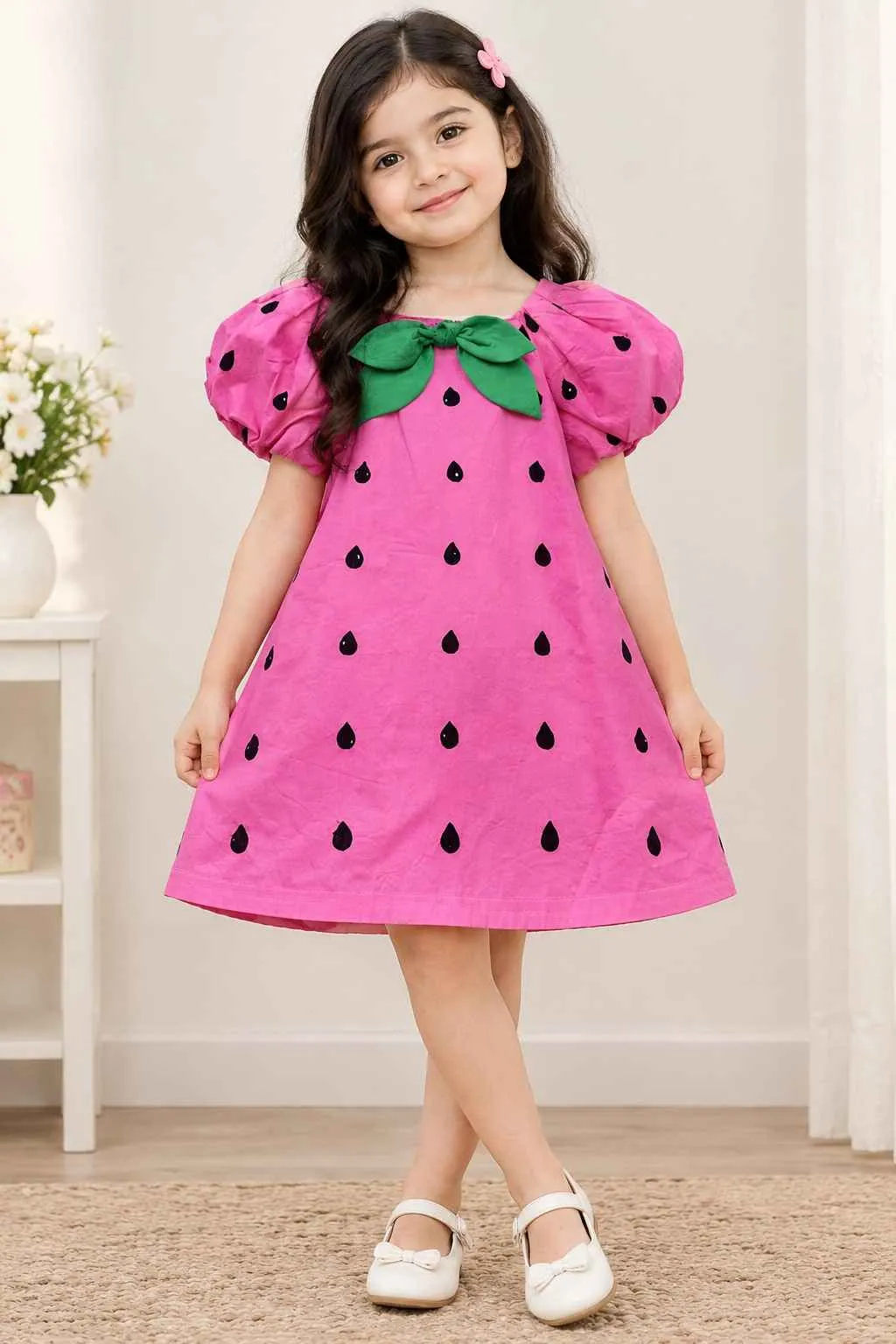 Front Bow Balloon Sleeve Dress for Girls | Trendy Kids Clothes