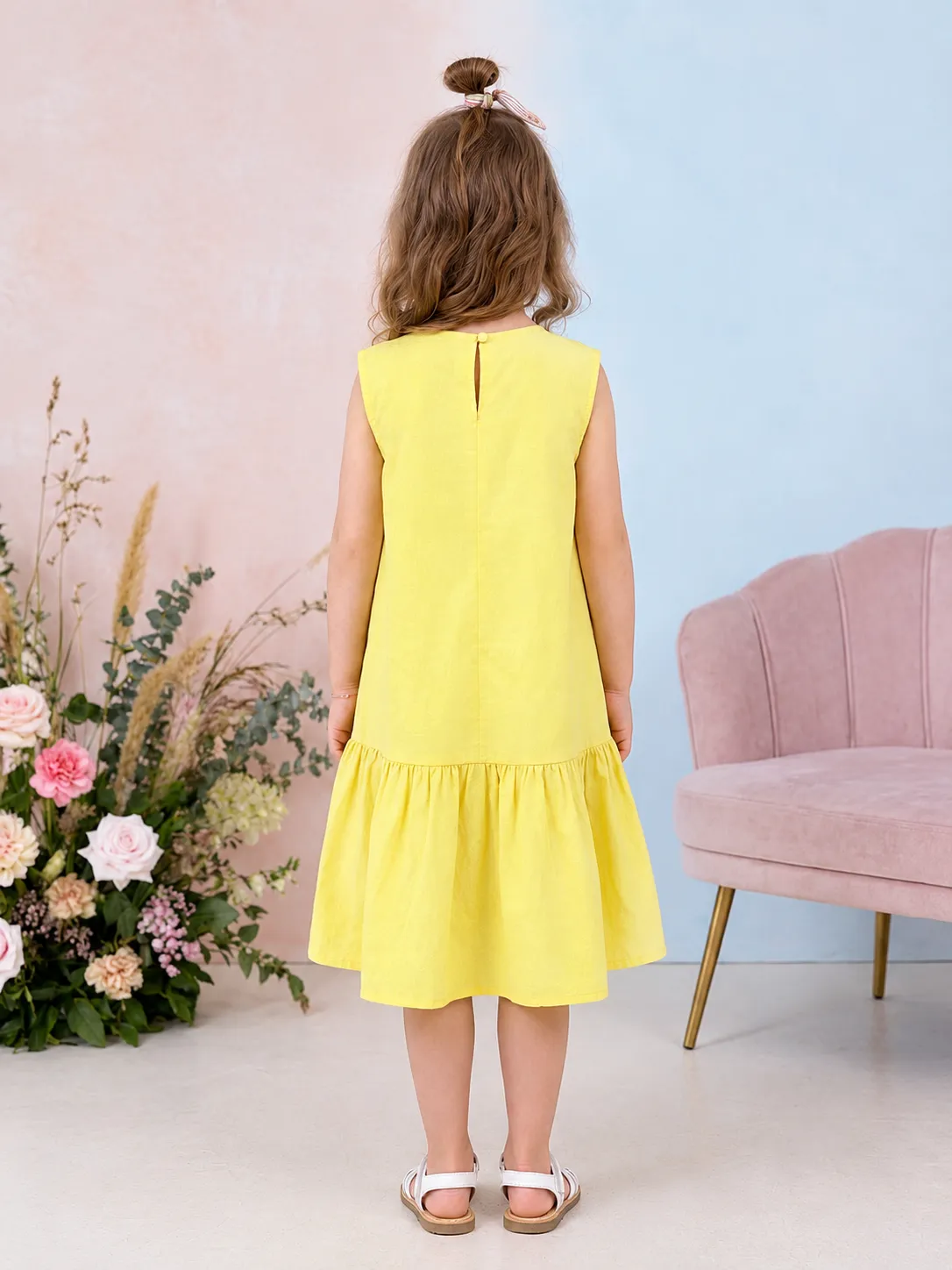 Yellow Dress 3D Flower Patch Girls Dress image 2